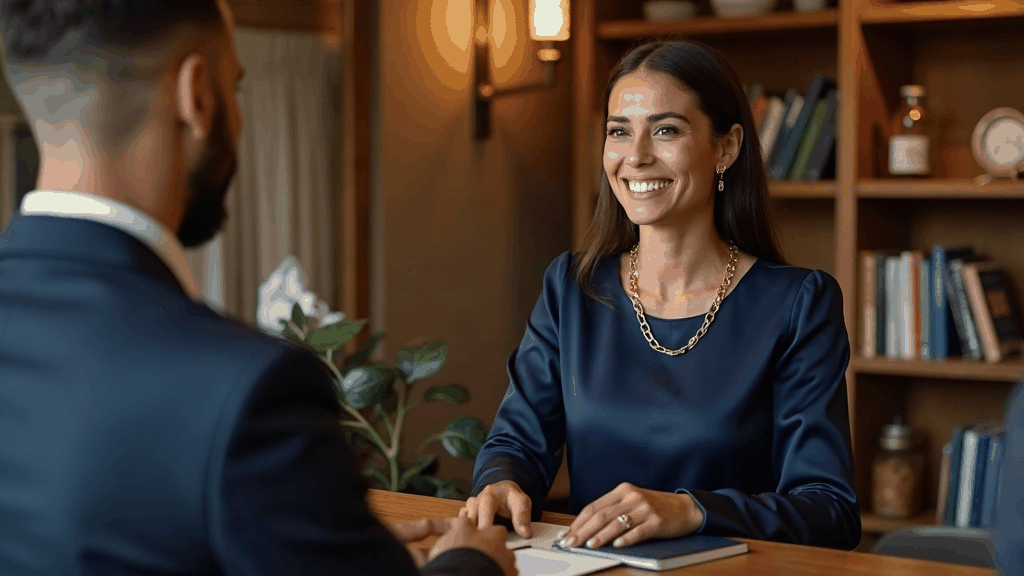 Réceptionniste d'un petit hôtel accueillant un client international au comptoir