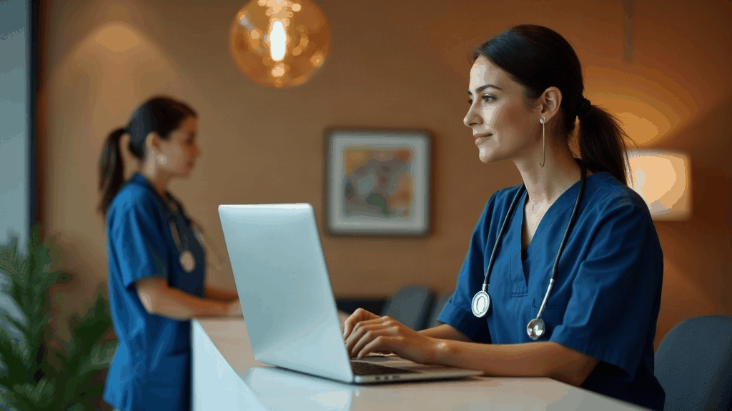 Infirmière à l'accueil d'un cabinet médical, en train de travailler sur un ordinateur portable