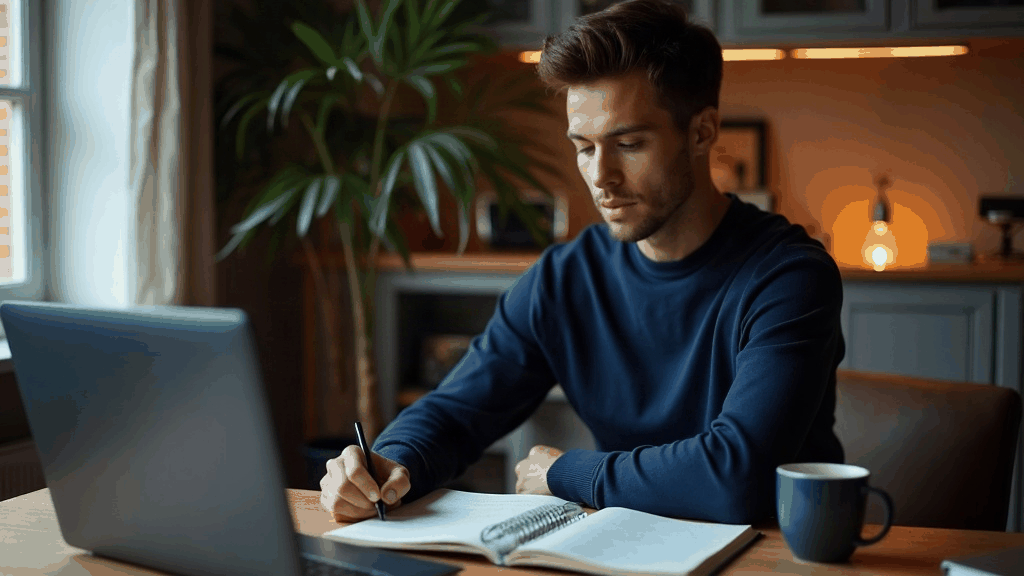 Professionnel reprenant l'anglais tôt le matin, cahier ouvert à côté d'un ordinateur portable, avant une visioconférence