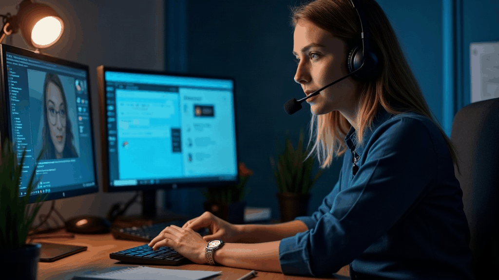 Technicien support informatique au casque, répondant à un ticket en anglais devant deux écrans