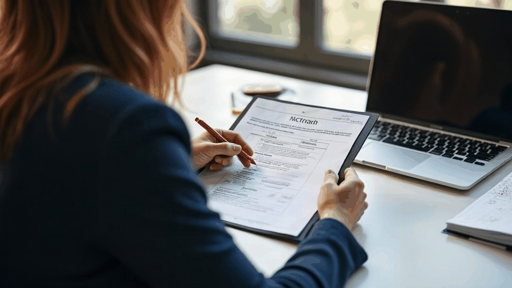 Personne relisant son document de synthèse de bilan de compétences et notant un plan d'action