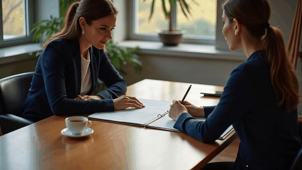 Une consultante et une bénéficiaire comparent deux formules de bilan de compétences autour d'une table