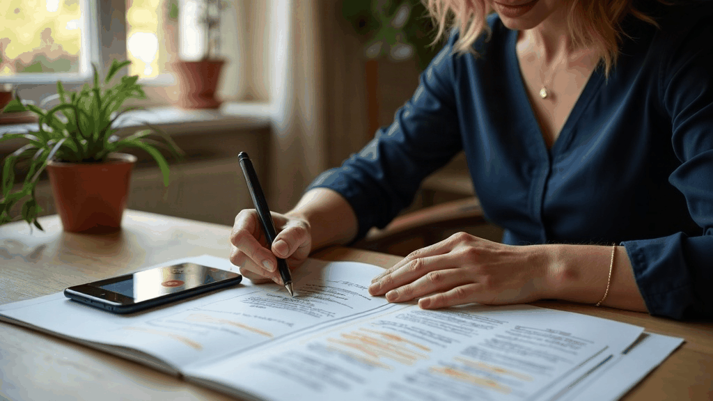 Femme relisant son plan d'action de bilan de compétences à son bureau, plusieurs mois après la fin de son accompagnement