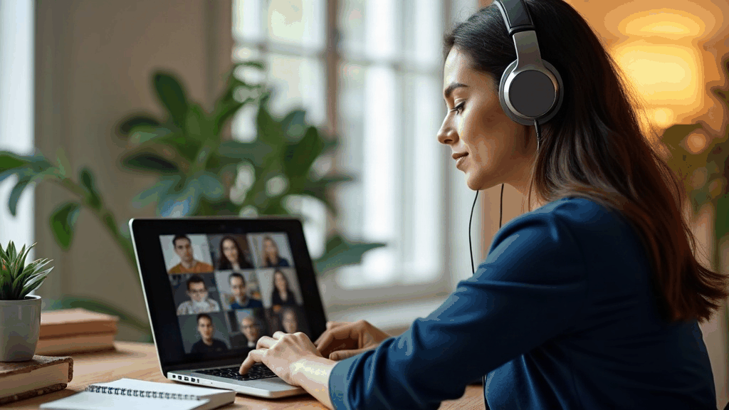 Professionnelle concentrée en visioconférence internationale, casque audio, notes manuscrites à côté de l'ordinateur