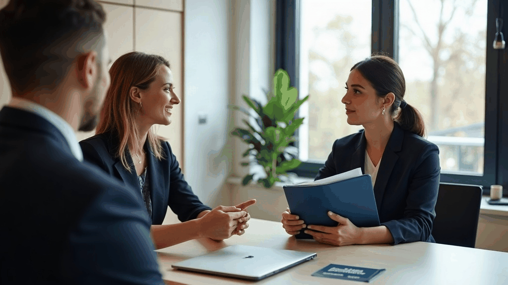 Salariée présentant un projet de formation à son manager, dossier et ordinateur portable ouverts sur la table