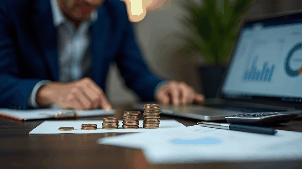 Professionnelle examinant un dossier de financement de formation et des piles de pièces en euros, symbolisant la hausse du reste à charge CPF