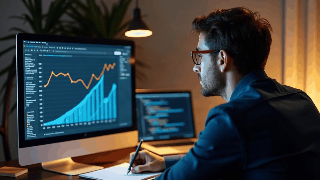 Professionnel du tertiaire consultant une courbe de statistiques sur les offres d'emploi et l'IA sur un écran d'ordinateur
