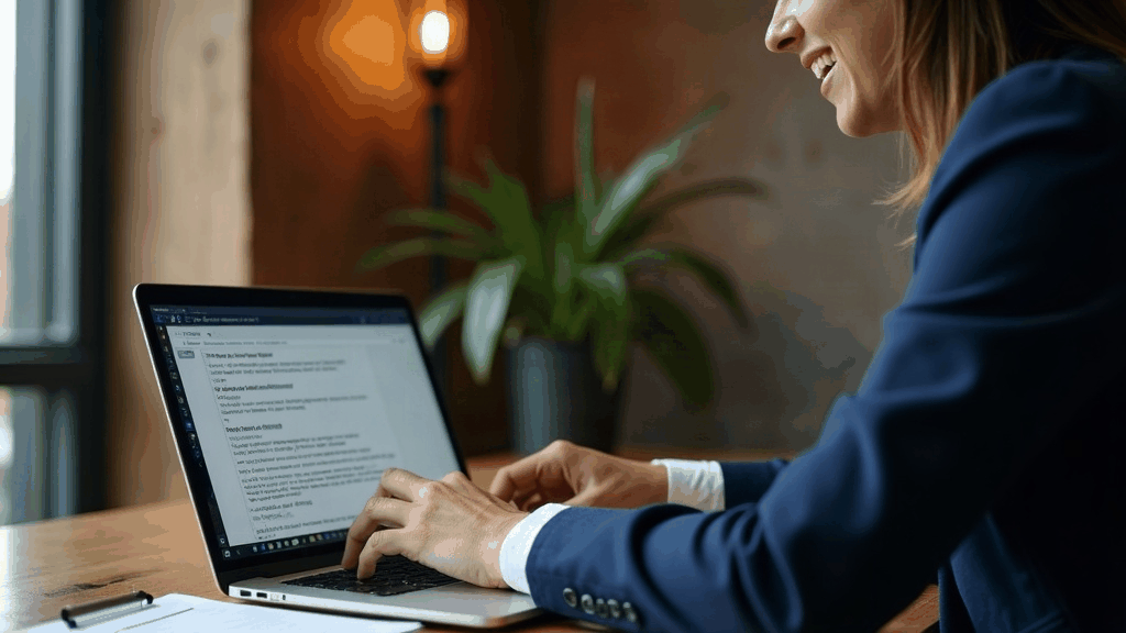 Professionnel relisant un email en anglais sur son ordinateur portable, notes de vocabulaire corrigées à la main sur un carnet posé sur le bureau