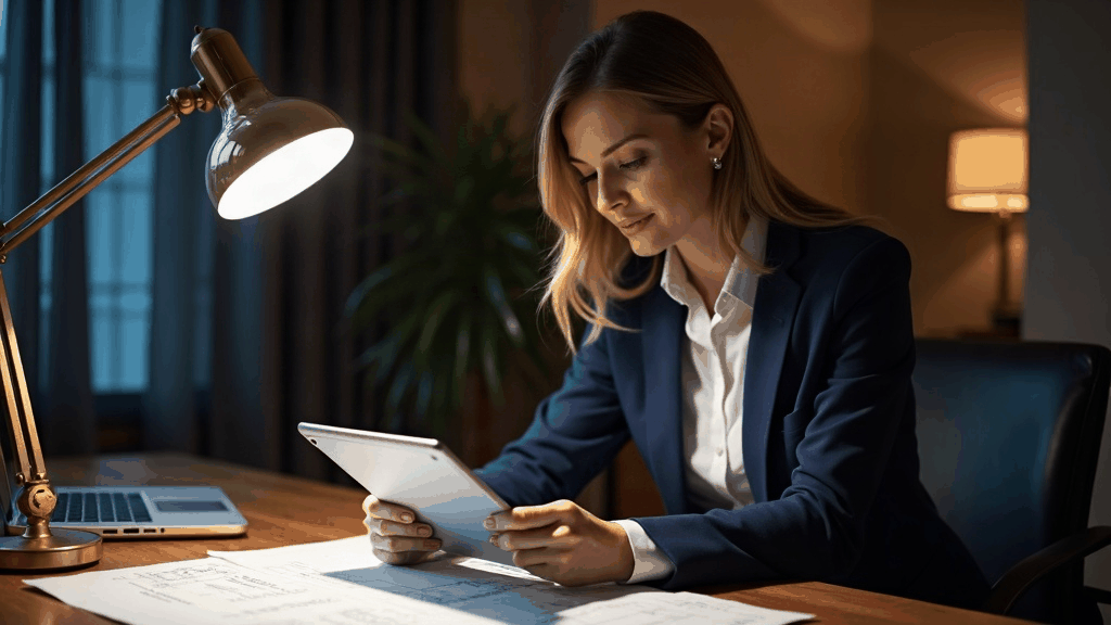 Architecte en profession libérale consultant un dossier de financement de formation sur sa tablette dans son bureau