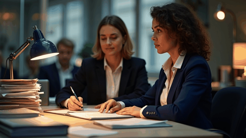 Une conseillère France Travail en entretien avec une demandeuse d'emploi, dossiers empilés sur le bureau