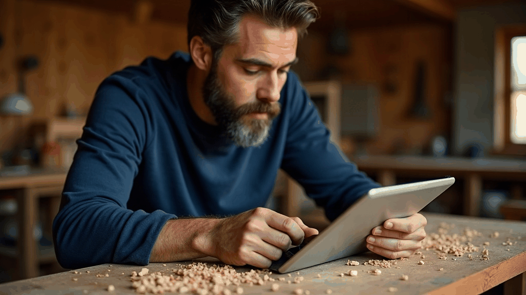 Artisan dans son atelier consultant une tablette tout en travaillant le bois