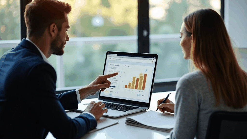 Salariés en réunion devant un écran affichant des courbes de productivité et des outils d'intelligence artificielle