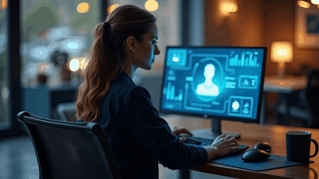 Salariée seule à son bureau, face à un écran affichant une interface d'intelligence artificielle, sans accompagnement à ses côtés