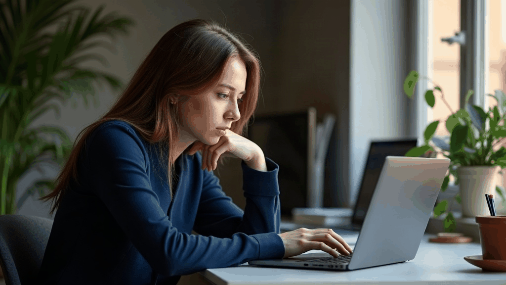 Jeune professionnel consultant des offres d'emploi sur un ordinateur portable, expression pensive
