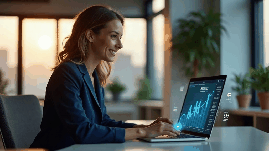 Professionnelle souriante consultant une courbe de progression de carrière sur un écran dans un bureau lumineux