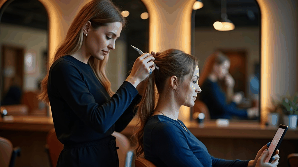 Coiffeuse dans son salon consultant son téléphone entre deux clientes