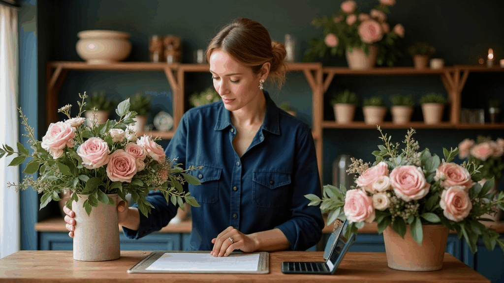 Fleuriste dans sa boutique composant un bouquet, tablette posée sur le comptoir