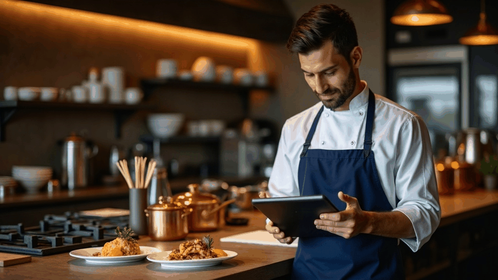 Restaurateur en salle consultant une tablette avant le service, cuisine en arrière-plan