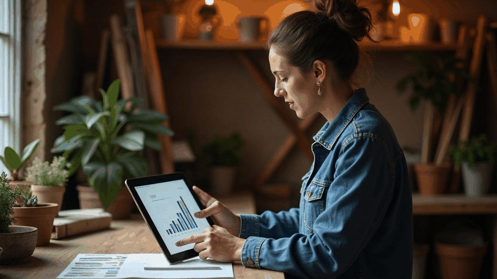 Artisan dans son atelier consultant une tablette pour son activité