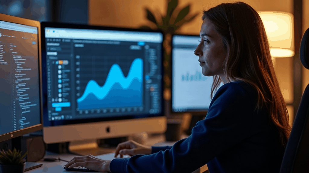 Community manager gérant les réseaux sociaux d'une marque sur plusieurs écrans dans un bureau lumineux