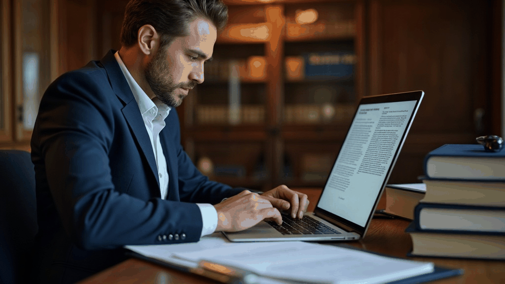 Juriste consultant des documents contractuels sur un écran dans un bureau feutré