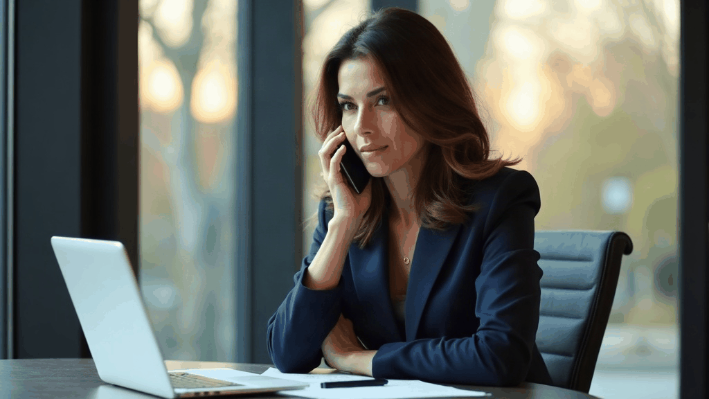 Commerciale au téléphone, négociant un contrat en anglais avec un client international, ordinateur ouvert sur un document commercial