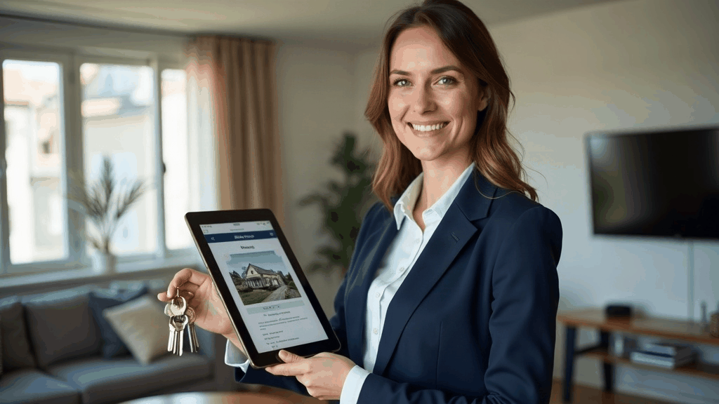 Agent immobilier souriant montrant un appartement lumineux à des visiteurs, tablette à la main