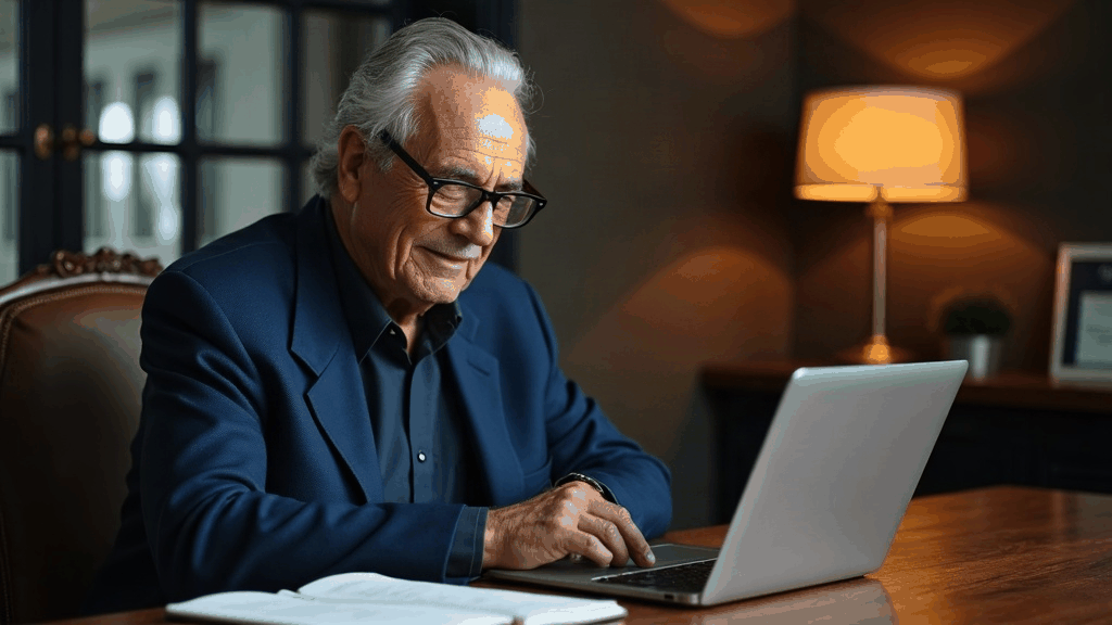 Professionnel de plus de 50 ans, élégant et posé, consultant son profil professionnel en ligne à son bureau