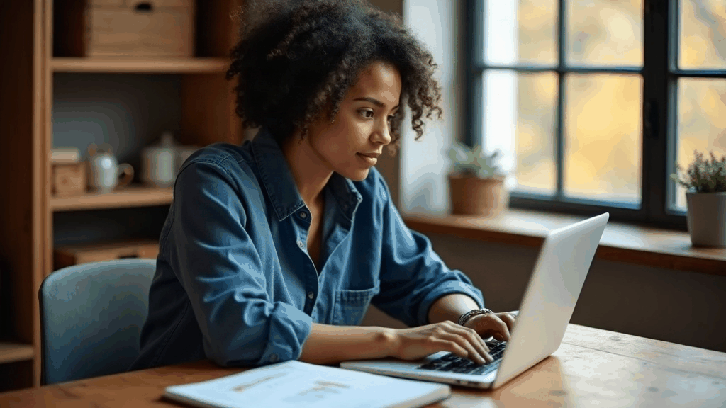 Dirigeante de petite entreprise consultant son profil professionnel en ligne à son bureau, carnet de comptes ouvert à côté
