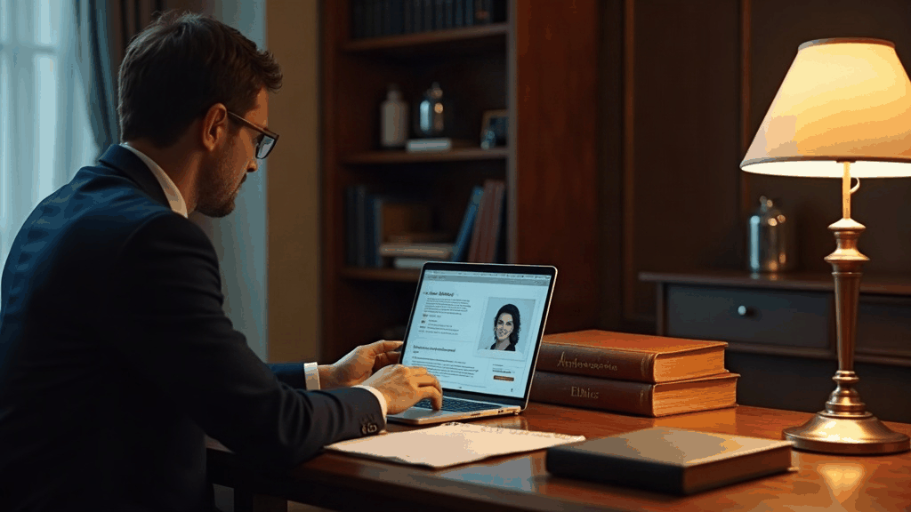 Professionnel d'une profession réglementée consultant son profil en ligne à son bureau, entouré de documents et d'un code de déontologie
