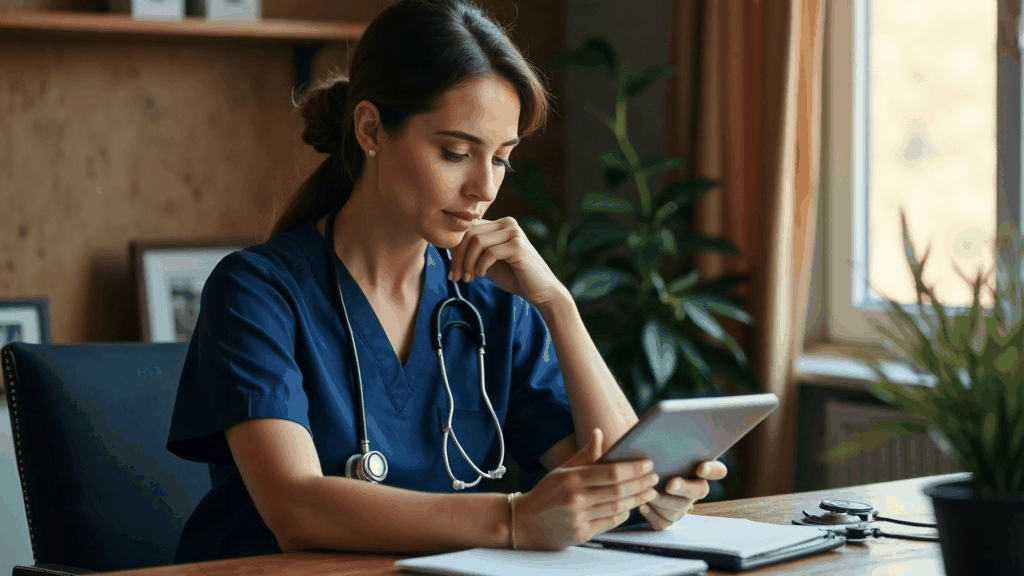 Infirmière libérale consultant son téléphone dans son cabinet, entre deux rendez-vous
