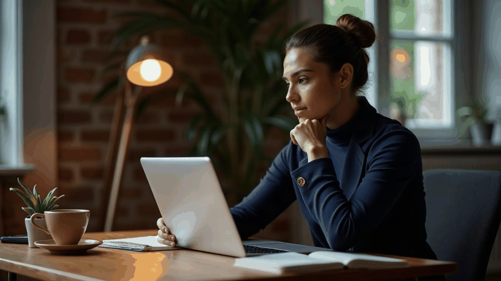 Professionnel pensif devant son ordinateur, curseur clignotant sur une publication vide