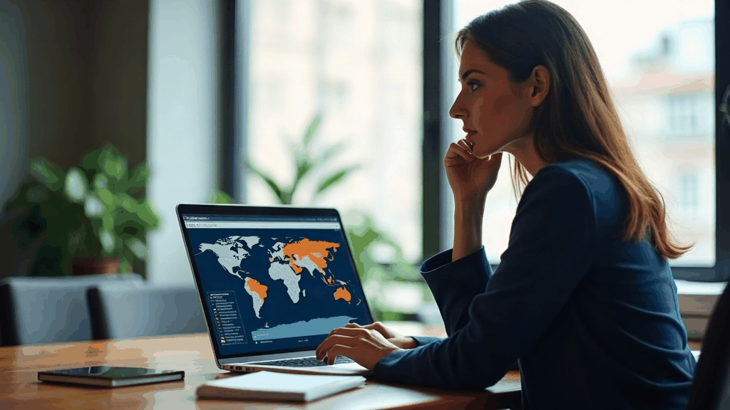 Professionnelle pensive consultant une carte du monde et des statistiques sur l'emploi et l'IA sur son ordinateur portable
