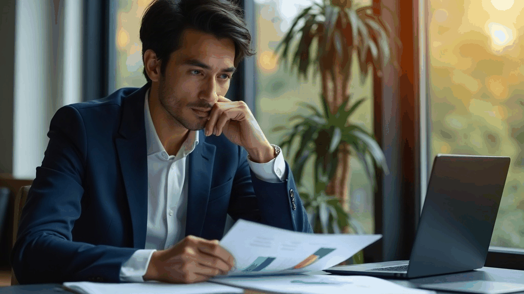 Professionnel consultant un rapport sur le plan gouvernemental IA et la formation professionnelle à son bureau