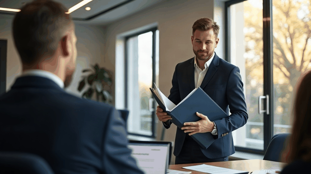 Directeur d'un centre de formation présentant son dossier de certification à un auditeur dans une salle de formation