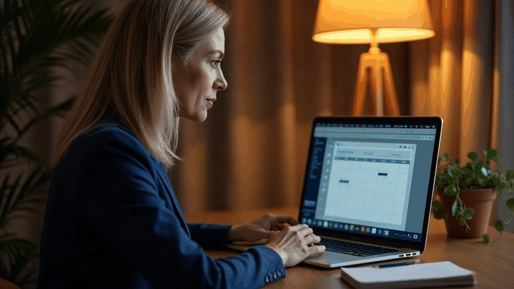 Professionnelle suivant un webinaire en ligne sur son ordinateur portable pour faire le point sur son avenir